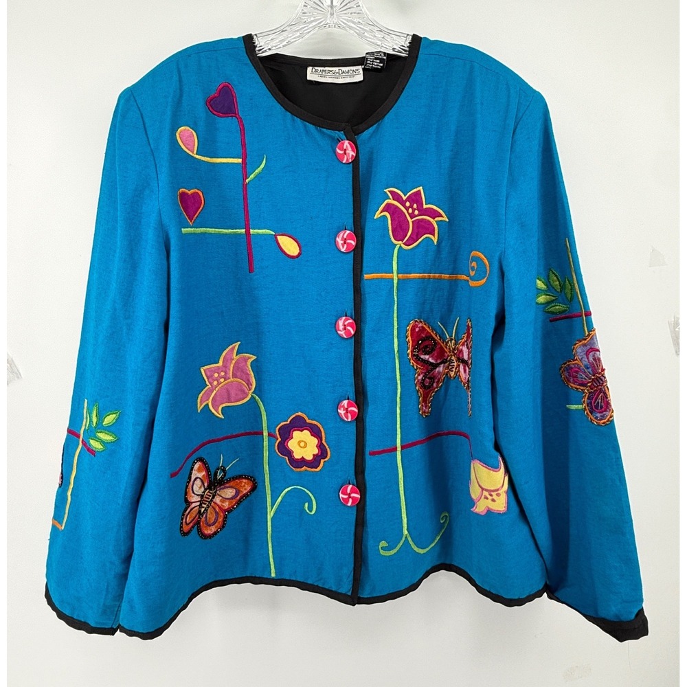 Drapers & Damons XL Blue Linen Blend Embroidered Butterfly Floral Jacket ArtWear
